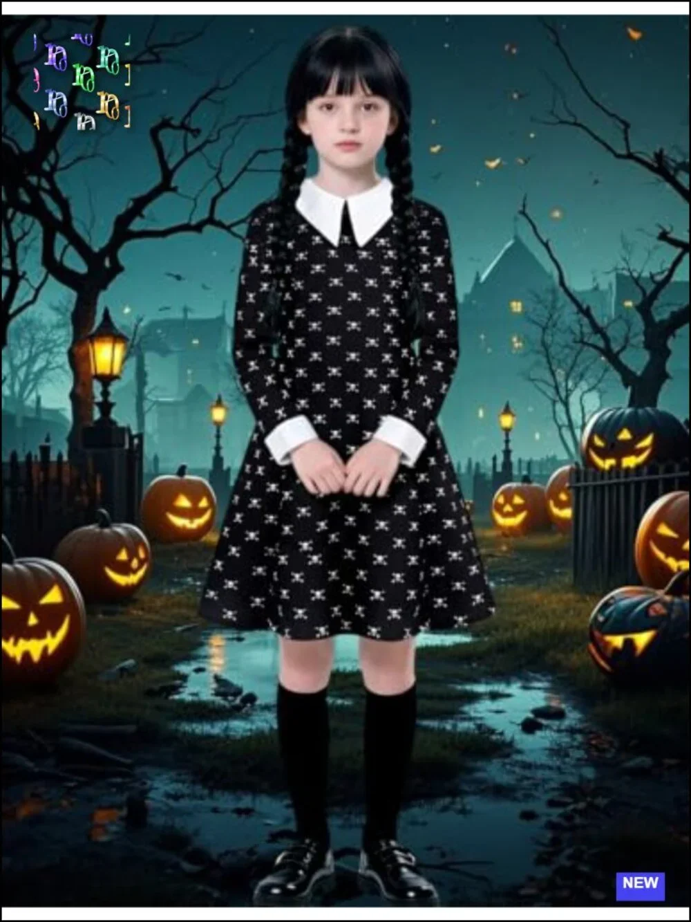 Girls Halloween Costume Princess Long Black Dress with Wig & Accessories